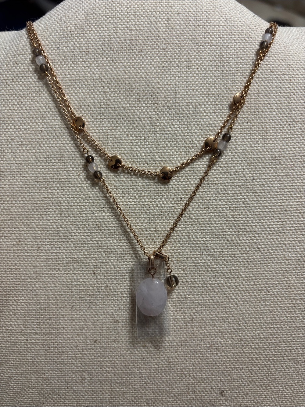 Fossil Rose Gold Layered Necklace with Rose Quartz Pendant - Women's Jewelry adj